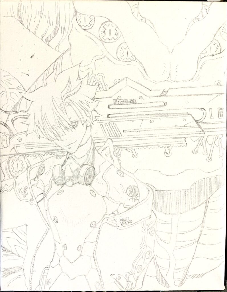 F0号に描いている１号と鳴海の絵。線画。